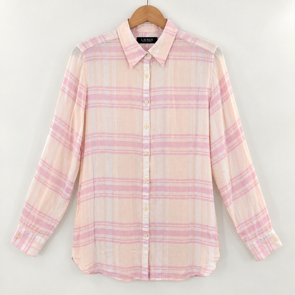 Lauren Ralph Lauren Cottagecore Plaid Button Down Women Medium Pink Pastel Top